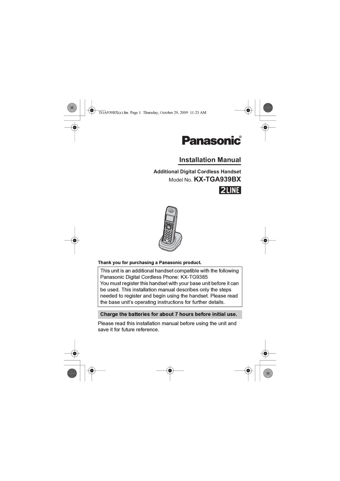 Panasonic installation manual Model No. KX-TGA939BX, Thank you for purchasing a Panasonic product 