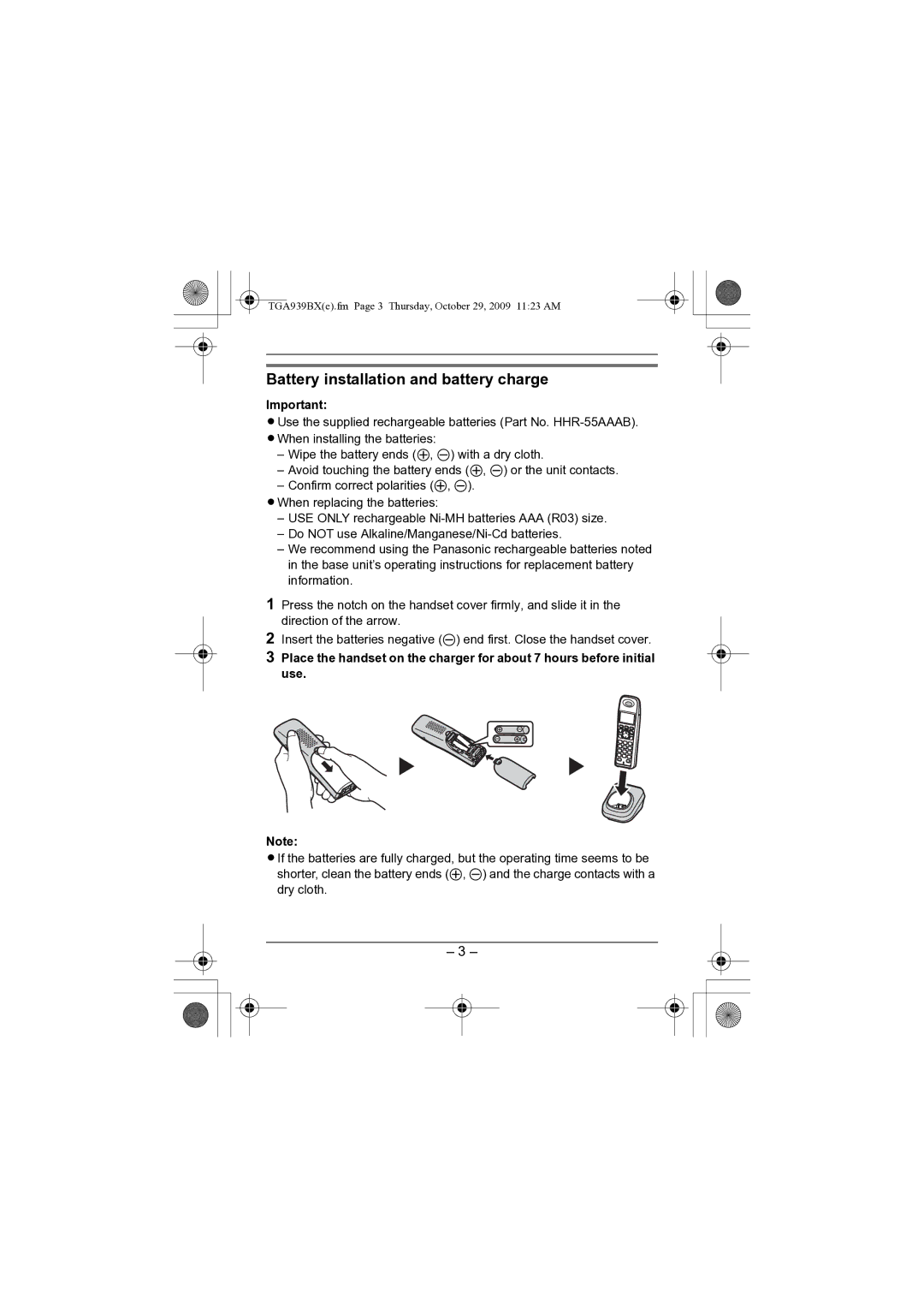 Panasonic KX-TGA939BX installation manual Battery installation and battery charge 