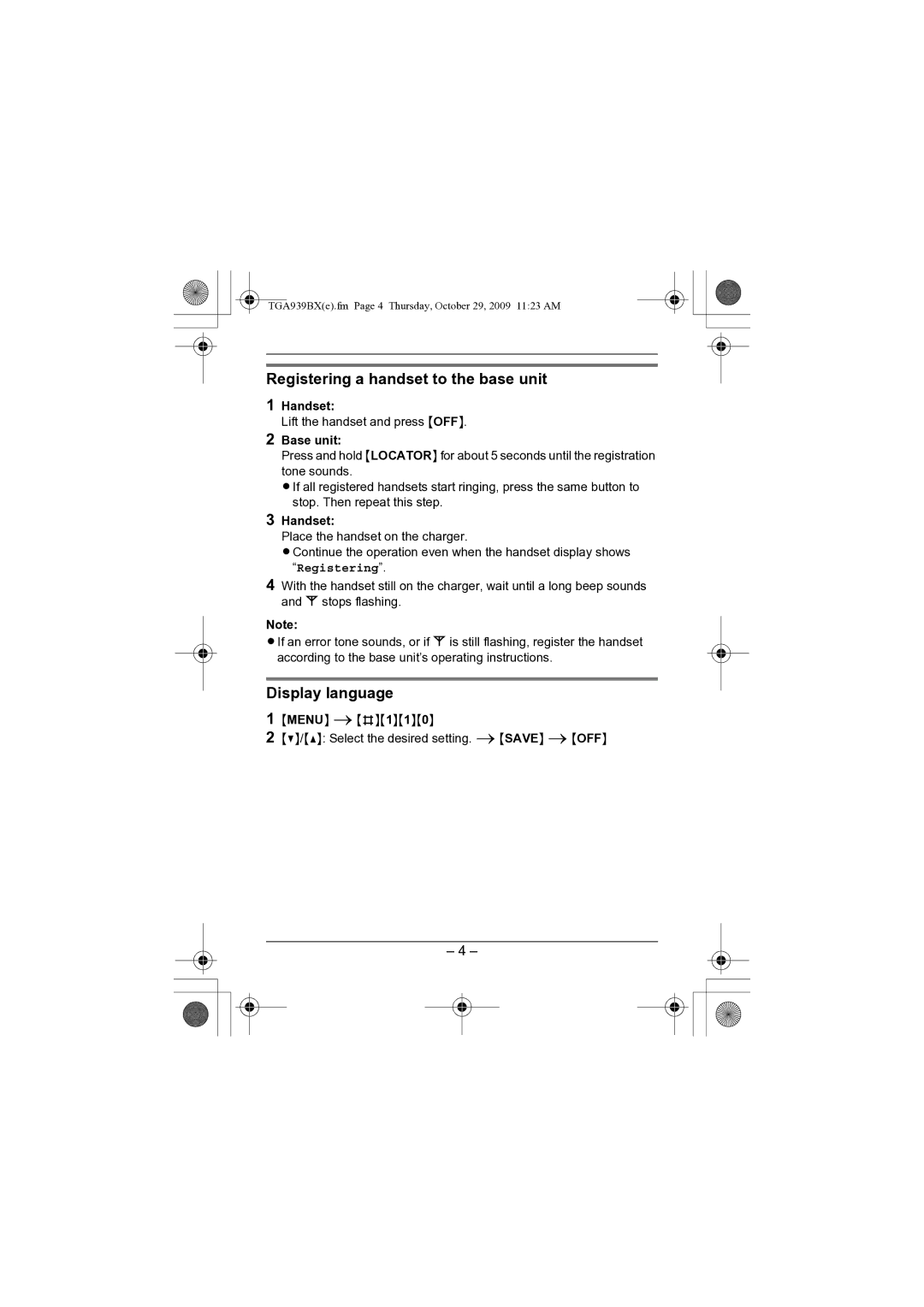 Panasonic KX-TGA939BX installation manual Registering a handset to the base unit, Display language, Handset, Base unit 