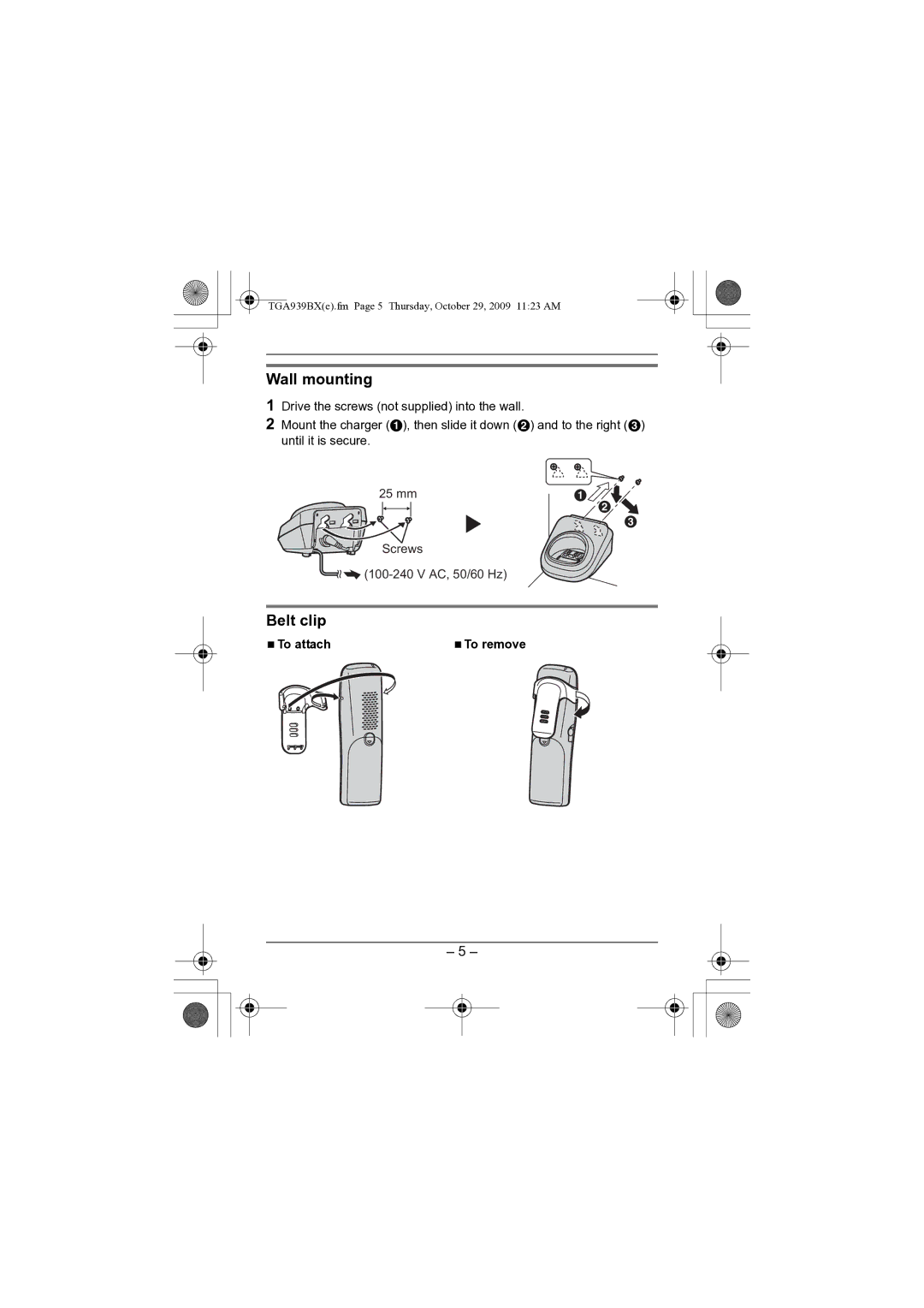 Panasonic KX-TGA939BX installation manual Wall mounting, Belt clip, NTo attach 