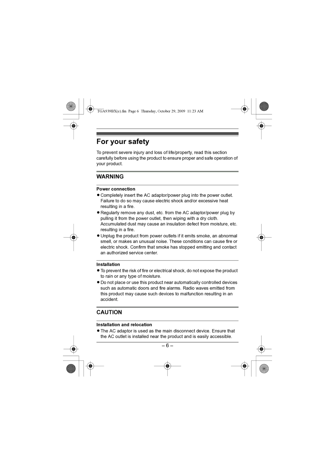 Panasonic KX-TGA939BX installation manual For your safety, Power connection, Installation and relocation 