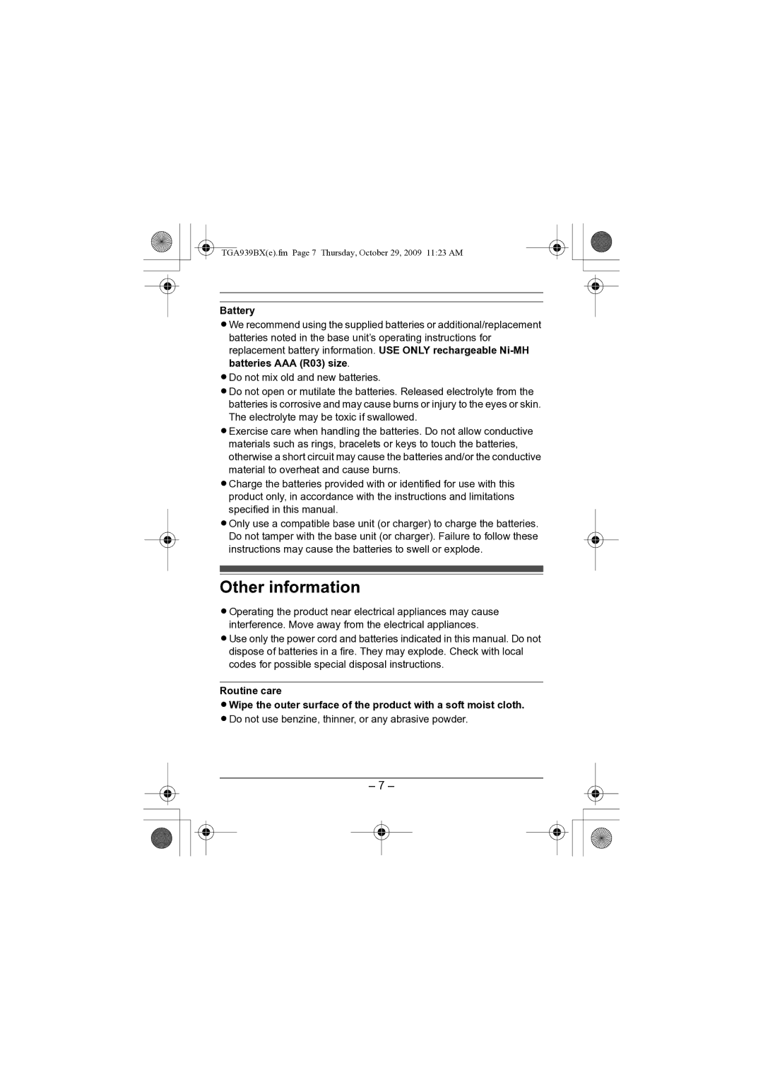 Panasonic KX-TGA939BX installation manual Other information, Battery 