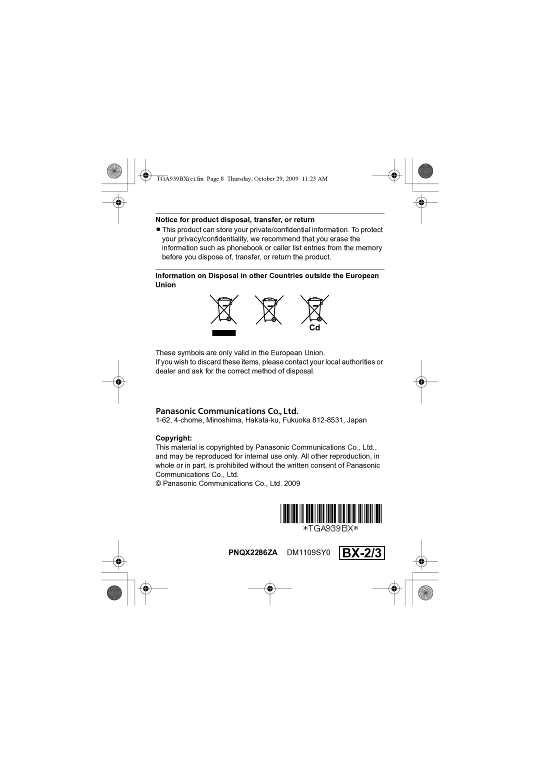 Panasonic KX-TGA939BX installation manual Copyright PNQX2286ZA DM1109SY0 