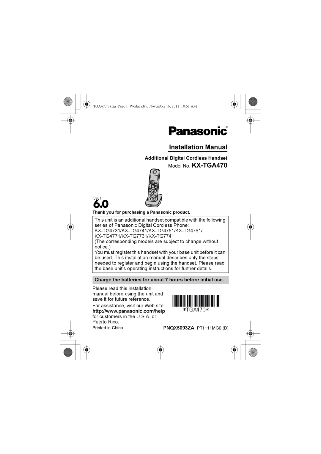 Panasonic KX-TGA470, kx-tgaa470 installation manual Installation Manual, Thank you for purchasing a Panasonic product 