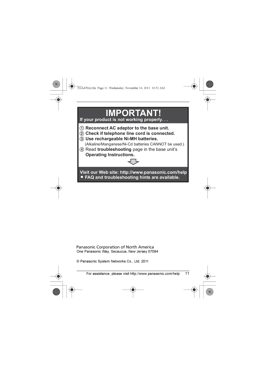 Panasonic KXTGA470B, kx-tgaa470, KX-TGA470, KXTGA470S If your product is not working properly, Operating Instructions 