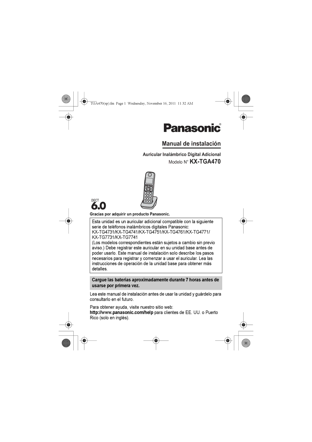 Panasonic kx-tgaa470, KX-TGA470, KXTGA470S, KXTGA470B Manual de instalación, Gracias por adquirir un producto Panasonic 