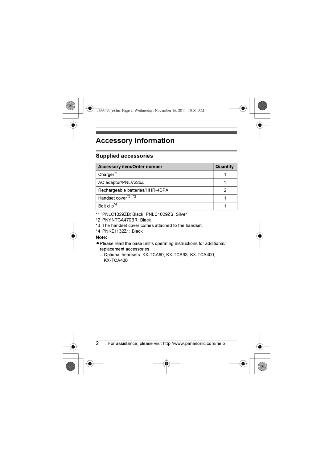 Panasonic KXTGA470S, kx-tgaa470 Accessory information, Supplied accessories, Accessory item/Order number Quantity 