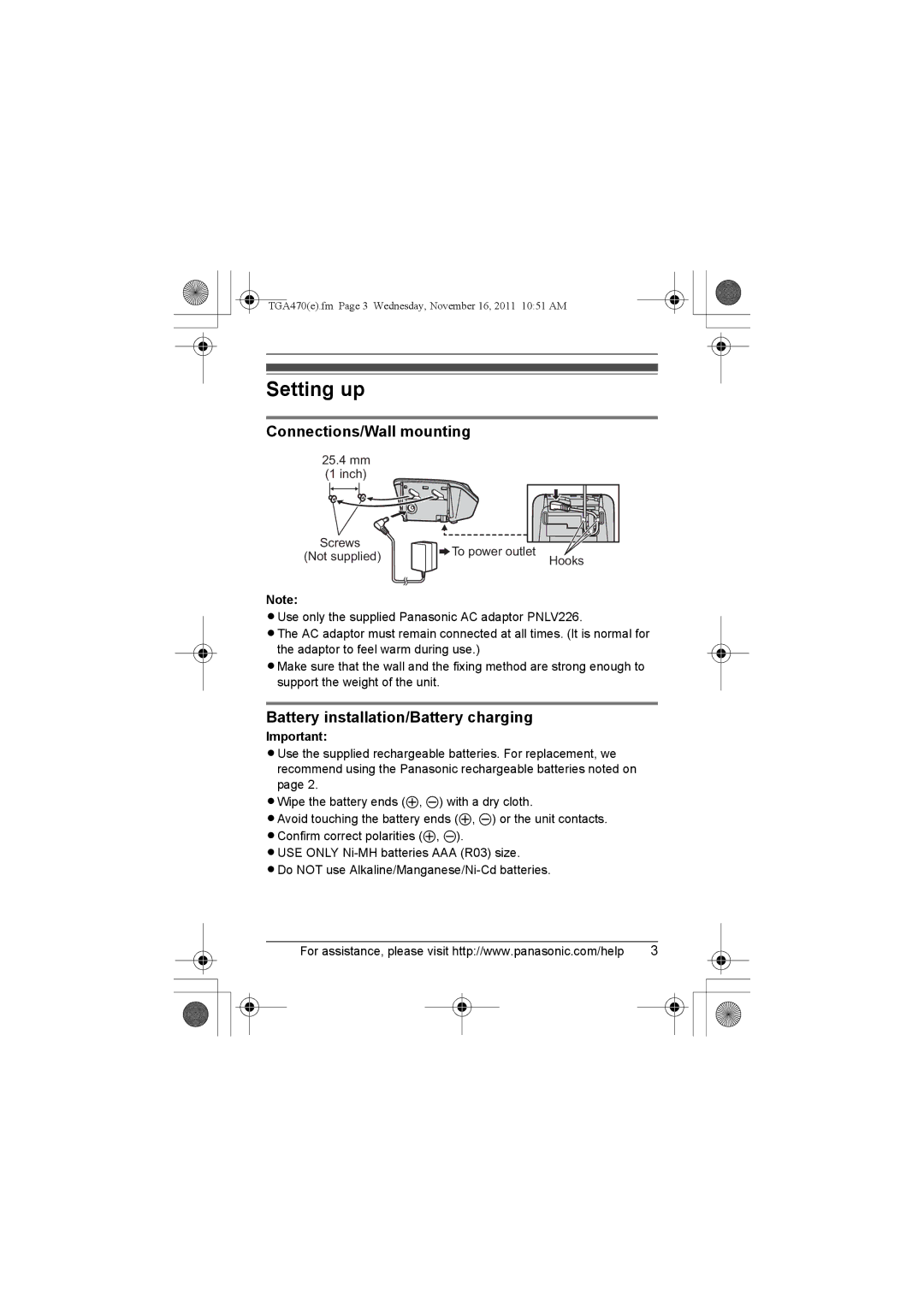 Panasonic KXTGA470B, kx-tgaa470, KX-TGA470 Setting up, Connections/Wall mounting, Battery installation/Battery charging 