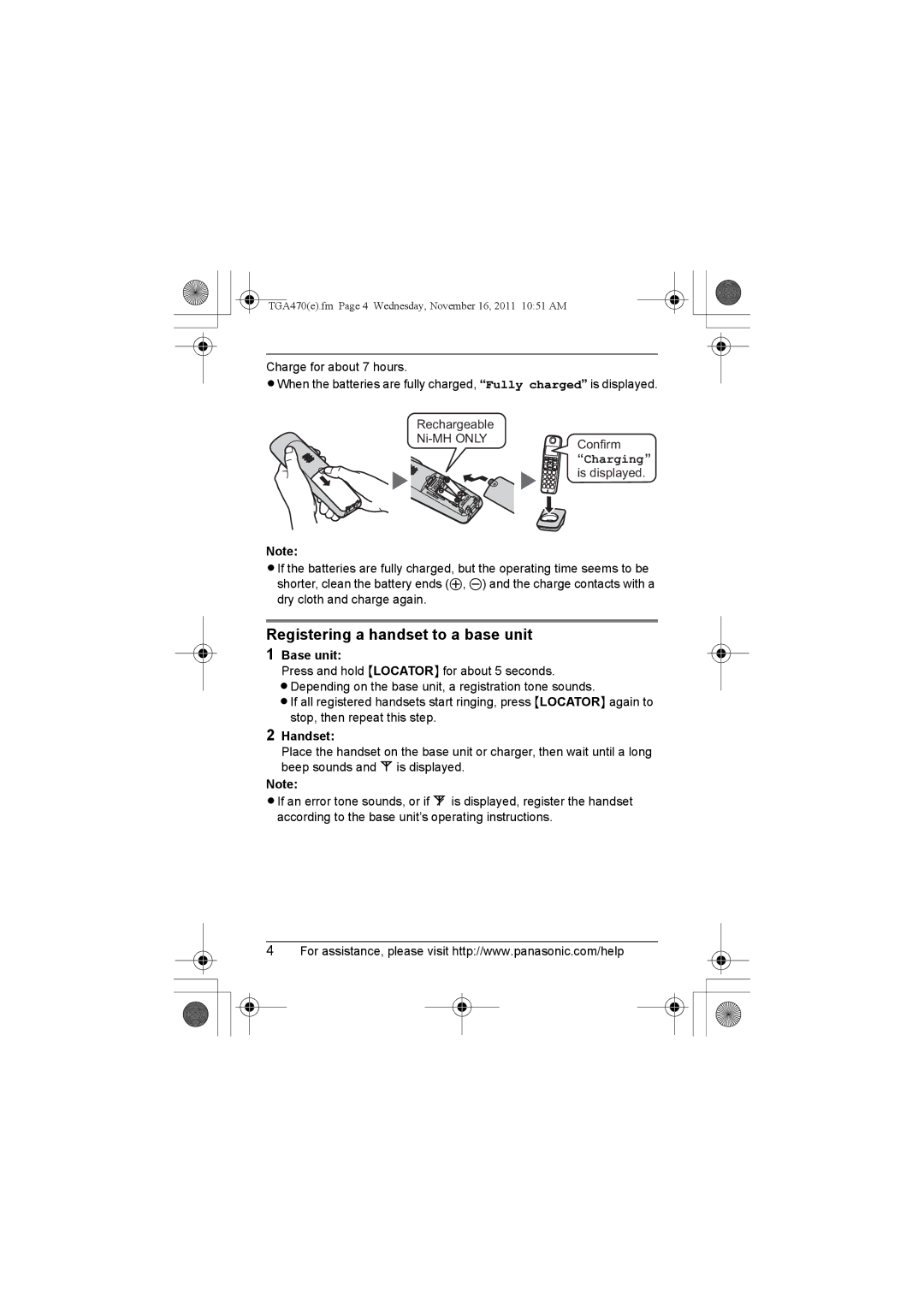 Panasonic kx-tgaa470, KX-TGA470, KXTGA470S, KXTGA470B Registering a handset to a base unit, Base unit, Handset 