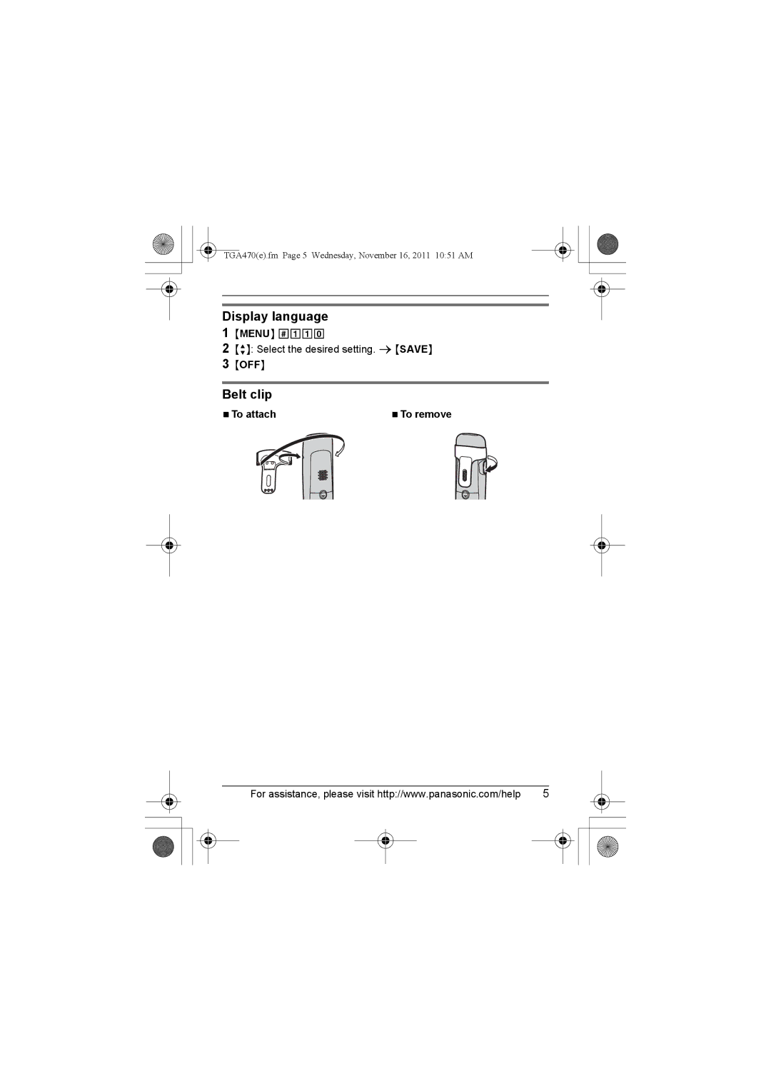 Panasonic KX-TGA470, kx-tgaa470, KXTGA470S, KXTGA470B installation manual Display language, Belt clip, Menu, Off, NTo attach 