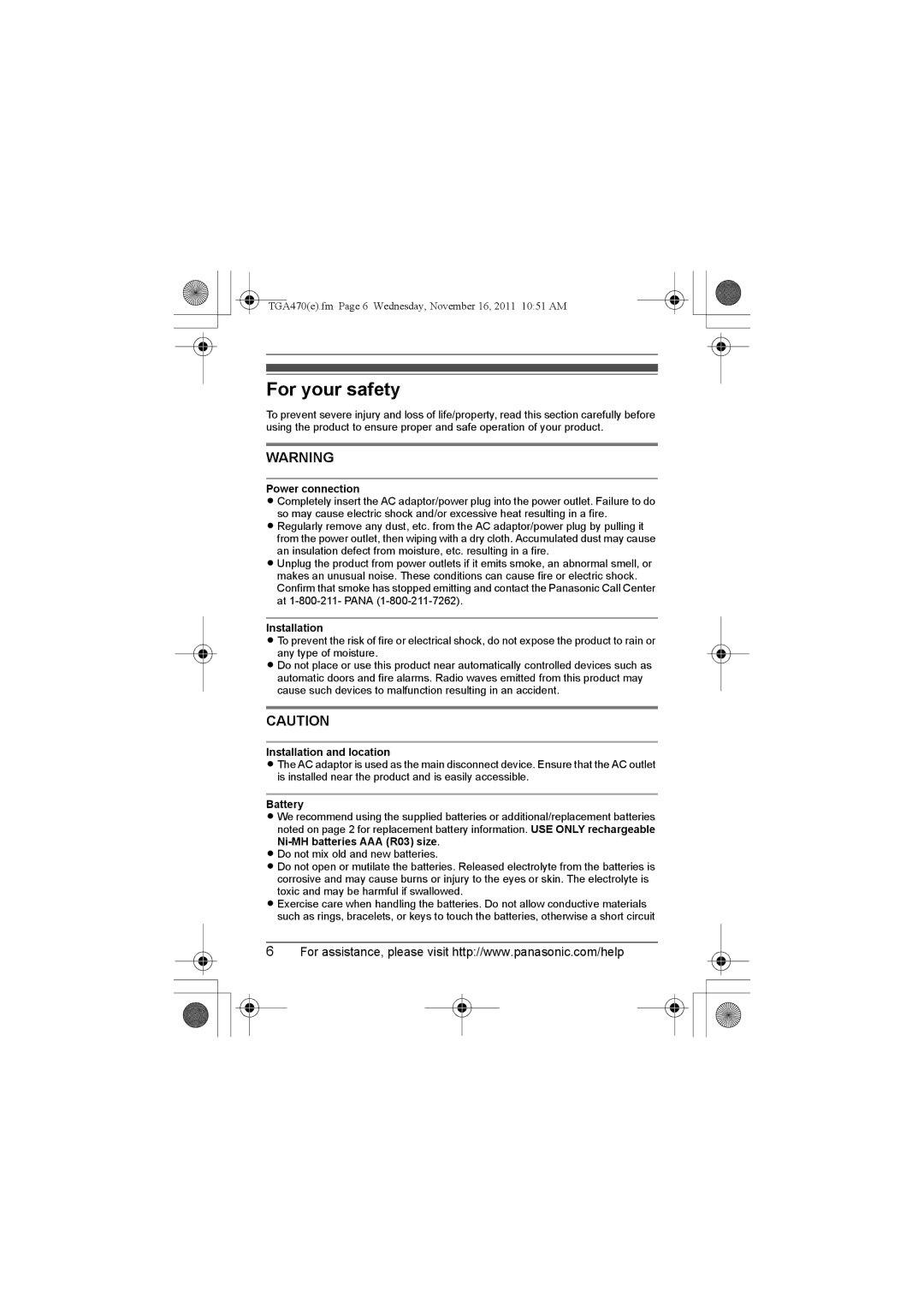 Panasonic KXTGA470S, kx-tgaa470, KX-TGA470, KXTGA470B installation manual For your safety, Power connection 