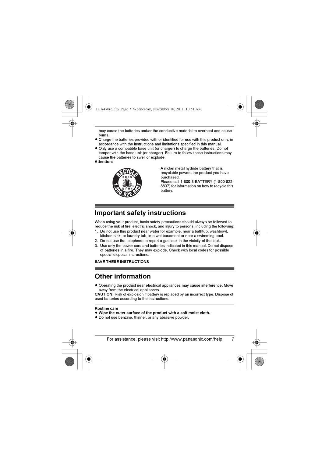 Panasonic KXTGA470B, kx-tgaa470, KX-TGA470, KXTGA470S installation manual Important safety instructions, Other information 