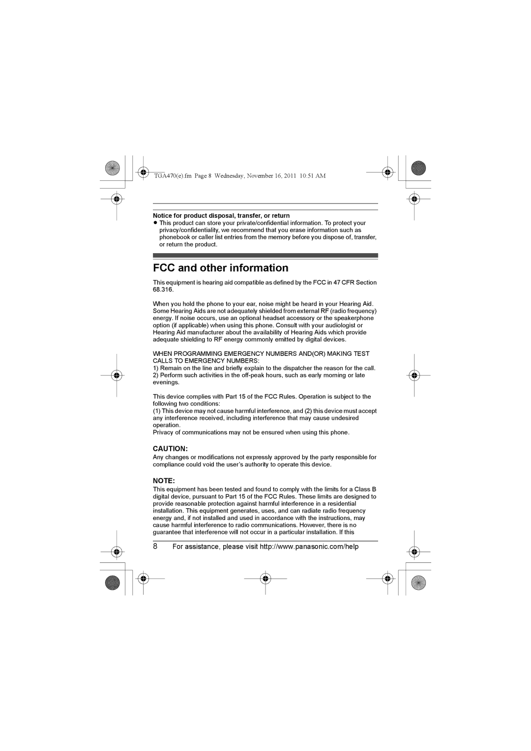 Panasonic kx-tgaa470, KX-TGA470, KXTGA470S, KXTGA470B installation manual FCC and other information 