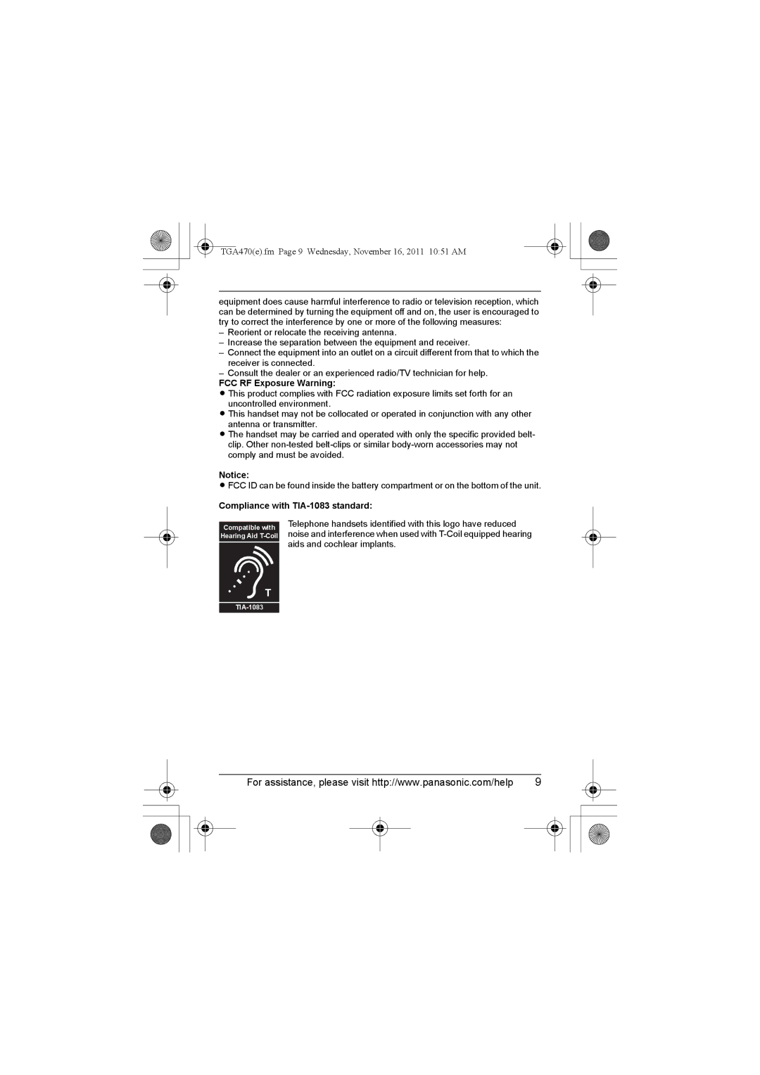 Panasonic KX-TGA470, kx-tgaa470, KXTGA470S, KXTGA470B installation manual FCC RF Exposure Warning 