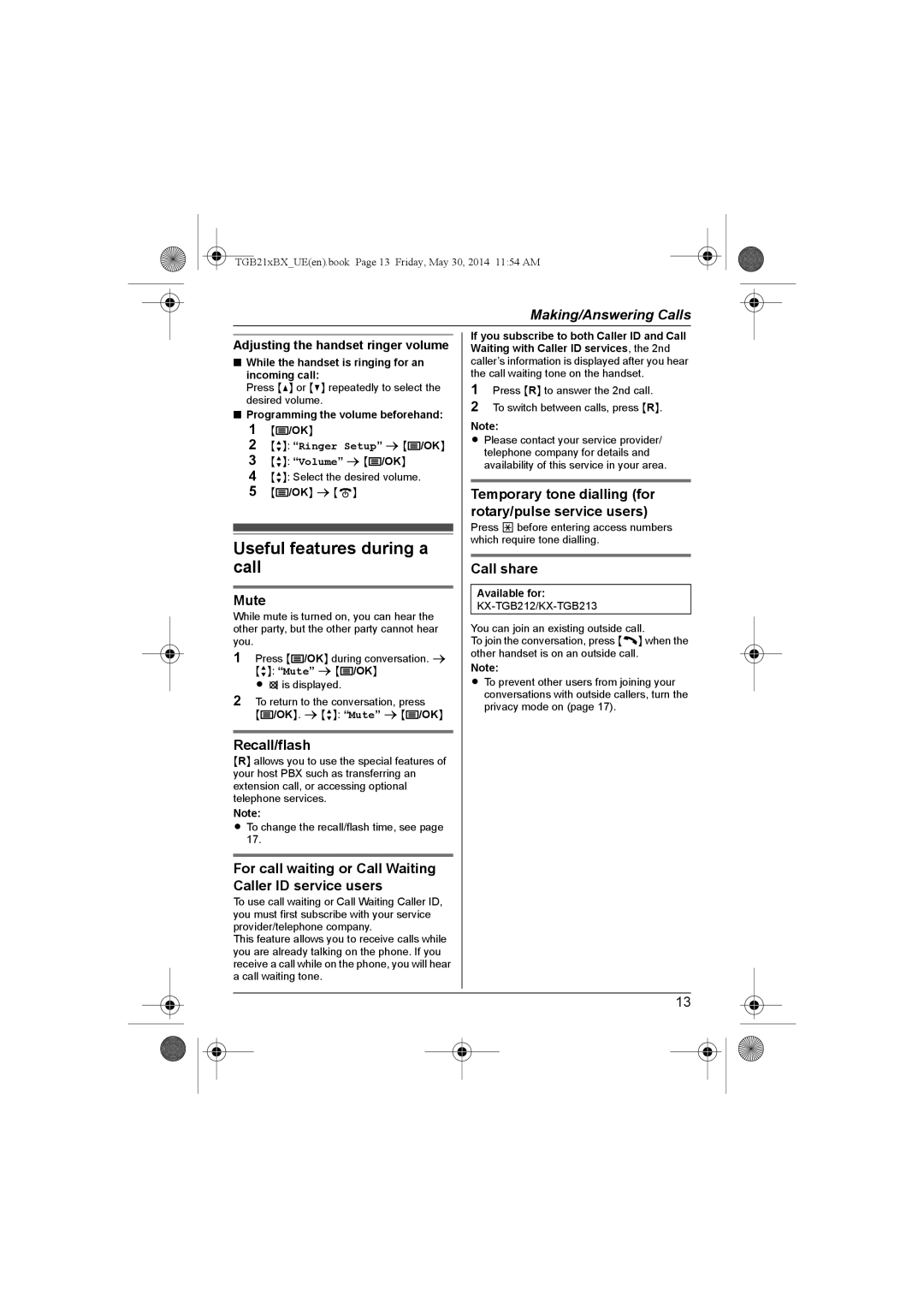 Panasonic KX-TGB213UE, KX-TGB210BX, KX-TGB212UE, KX-TGB210UE, KX-TGB212BX, KX-TGB213BX Useful features during a call 