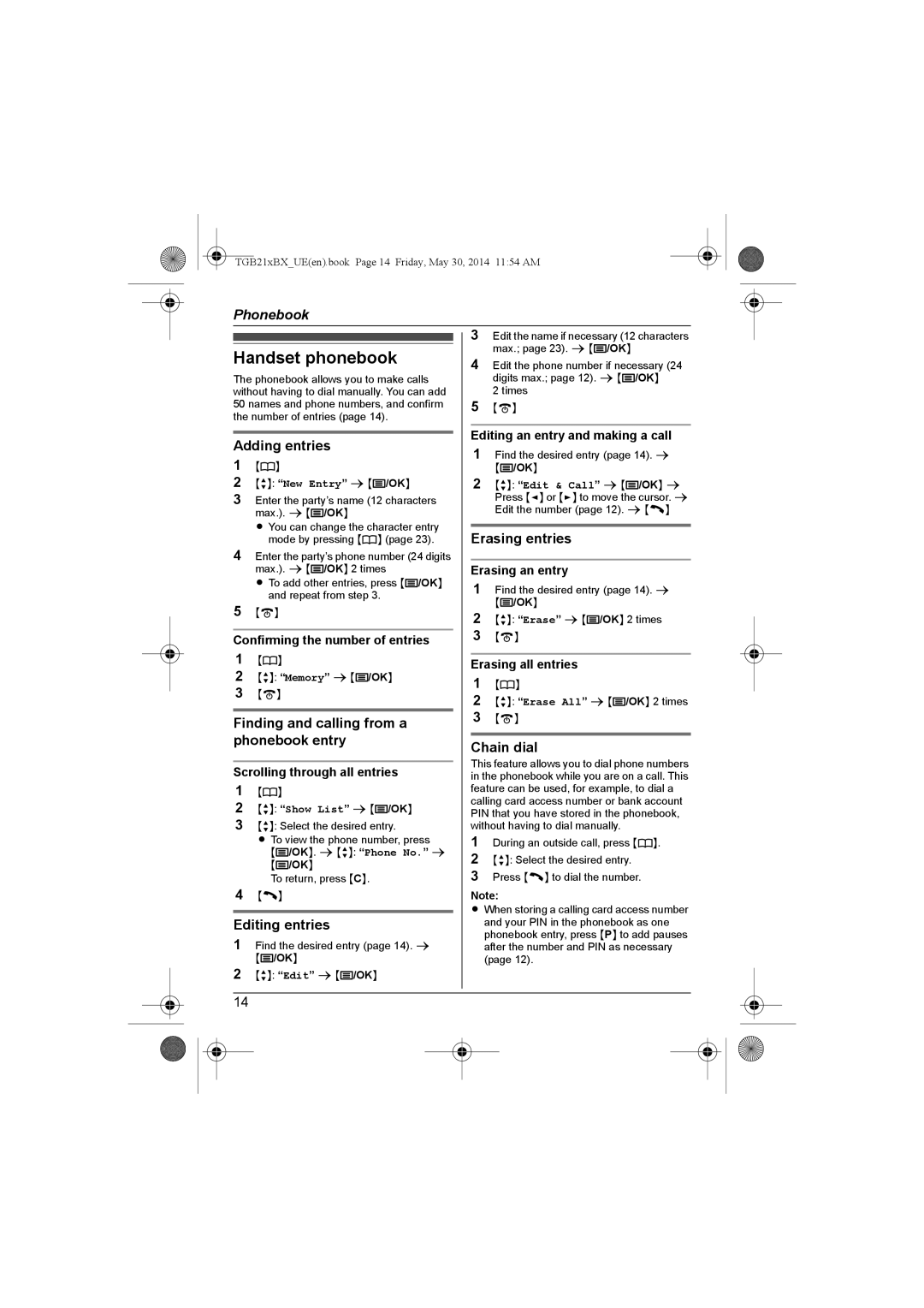 Panasonic KX-TGB212UE, KX-TGB210BX, KX-TGB213UE Handset phonebook, Adding entries, Erasing entries, Editing entries 