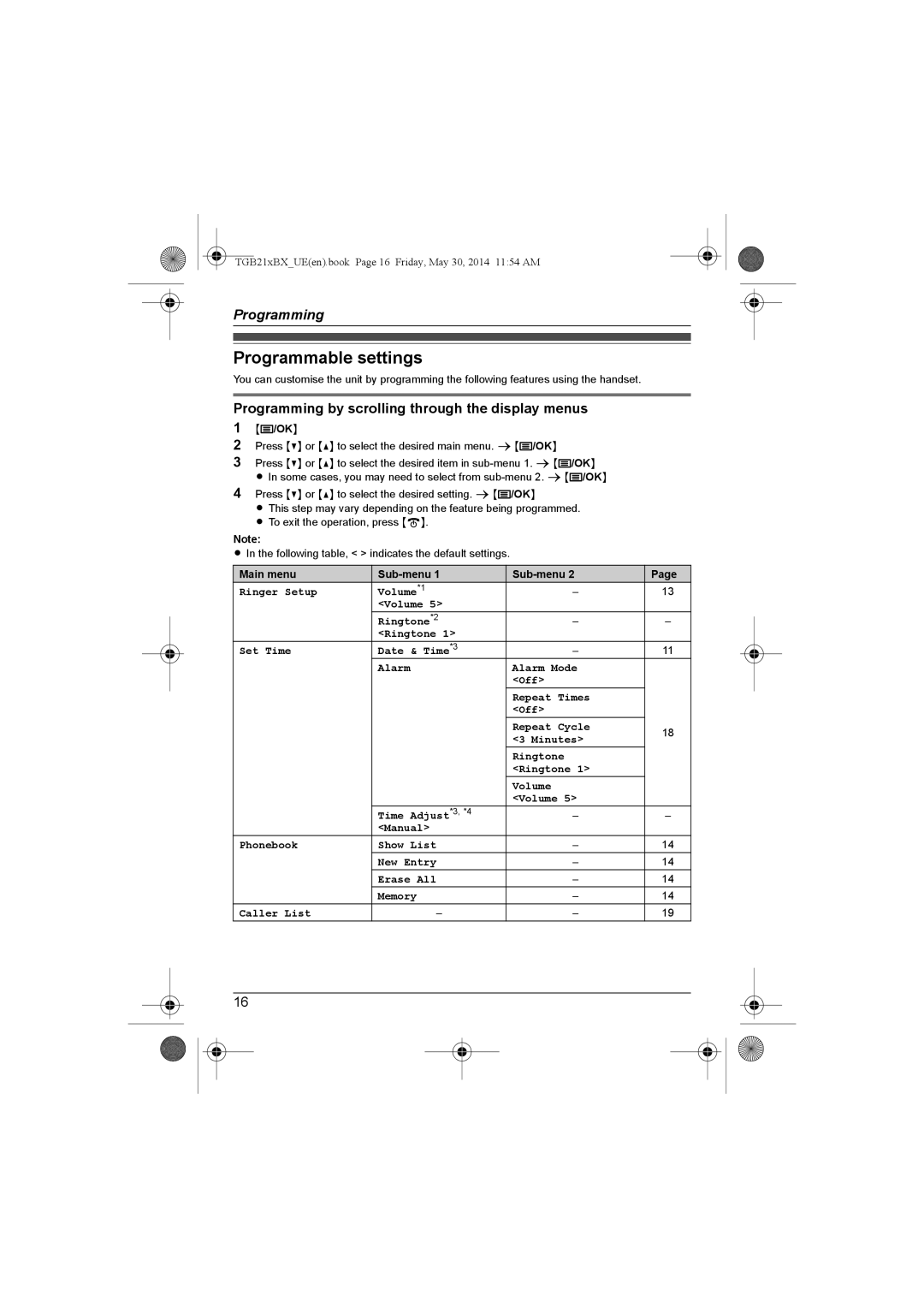 Panasonic KX-TGB212BX Programmable settings, Programming by scrolling through the display menus, Main menu Sub-menu 