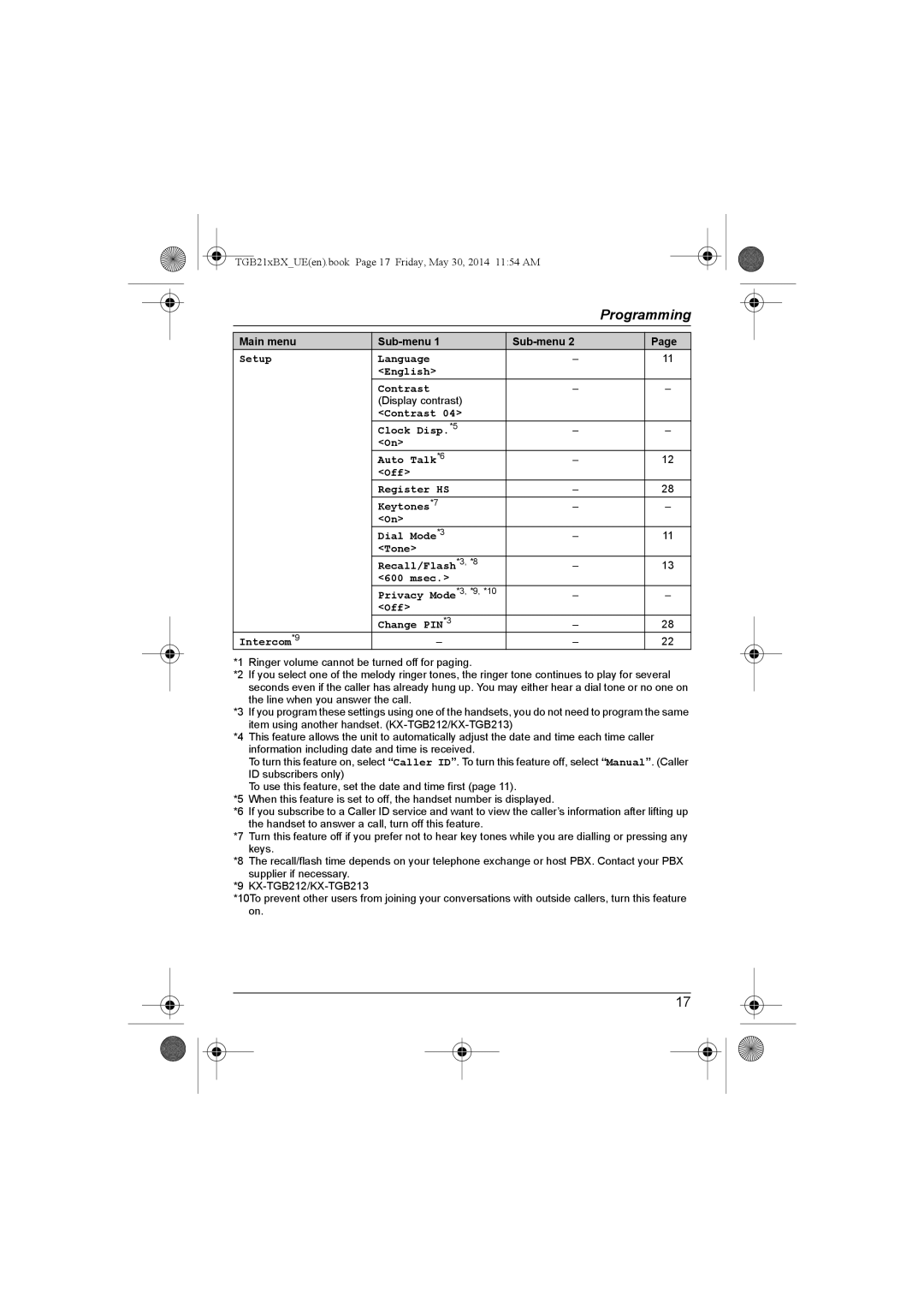 Panasonic KX-TGB213BX, KX-TGB210BX, KX-TGB213UE, KX-TGB212UE Setup Language English Contrast, Line when you answer the call 