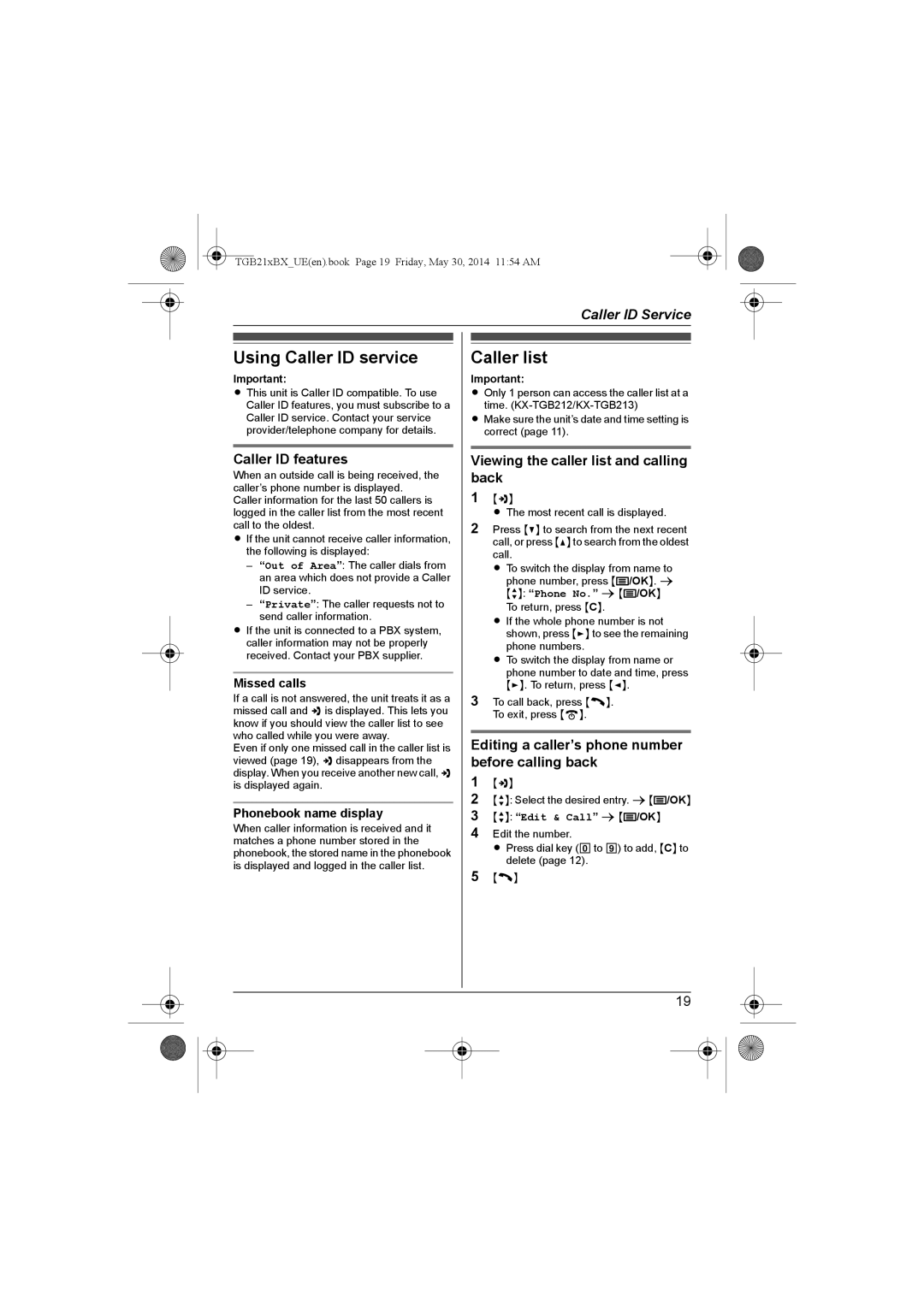 Panasonic KX-TGB213UE Using Caller ID service, Caller list, Caller ID features, Viewing the caller list and calling back 