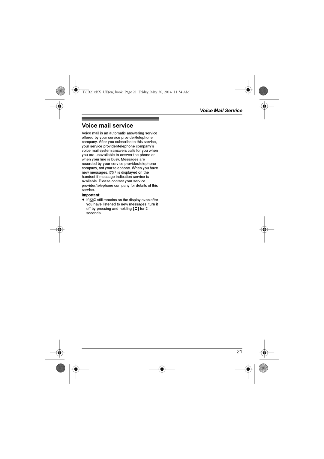 Panasonic KX-TGB210UE, KX-TGB210BX, KX-TGB213UE, KX-TGB212UE, KX-TGB212BX, KX-TGB213BX operating instructions Voice mail service 