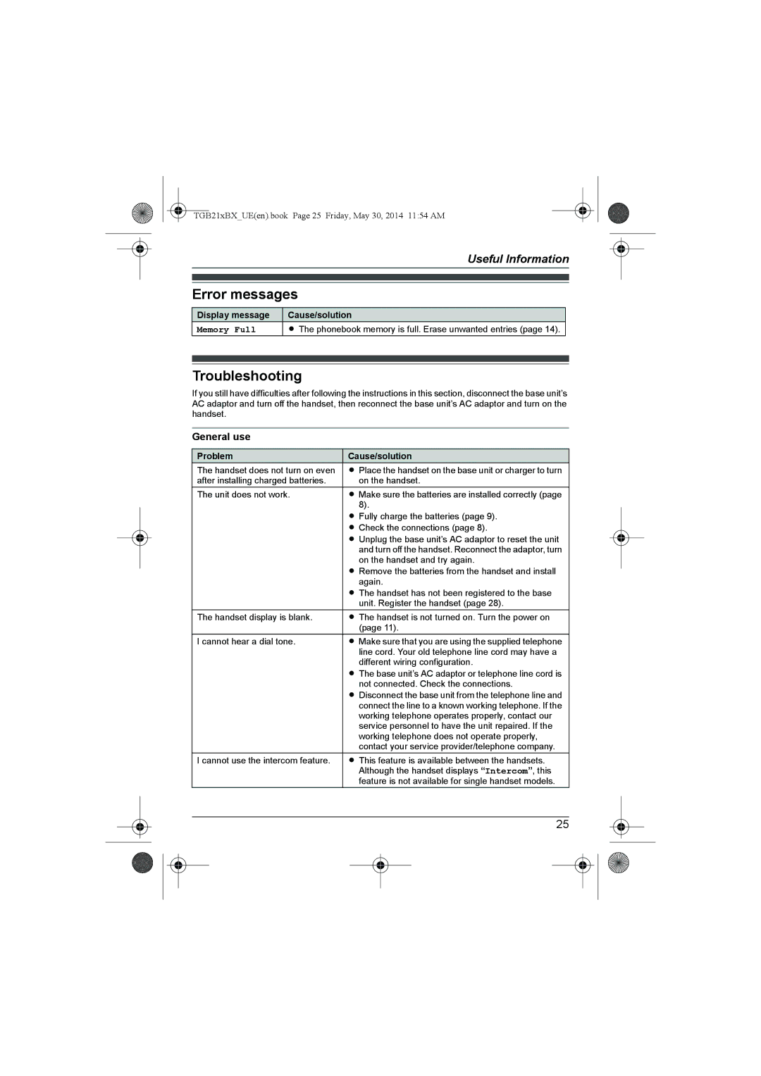 Panasonic KX-TGB213UE, KX-TGB210BX, KX-TGB212UE, KX-TGB210UE Error messages, Troubleshooting, General use, Memory Full 