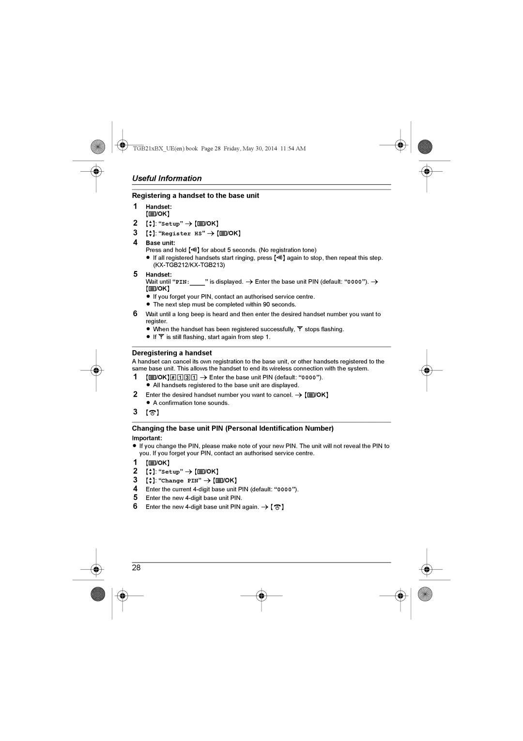 Panasonic KX-TGB212BX Registering a handset to the base unit, Deregistering a handset, Register HS sj/OK, Change PIN sj/OK 