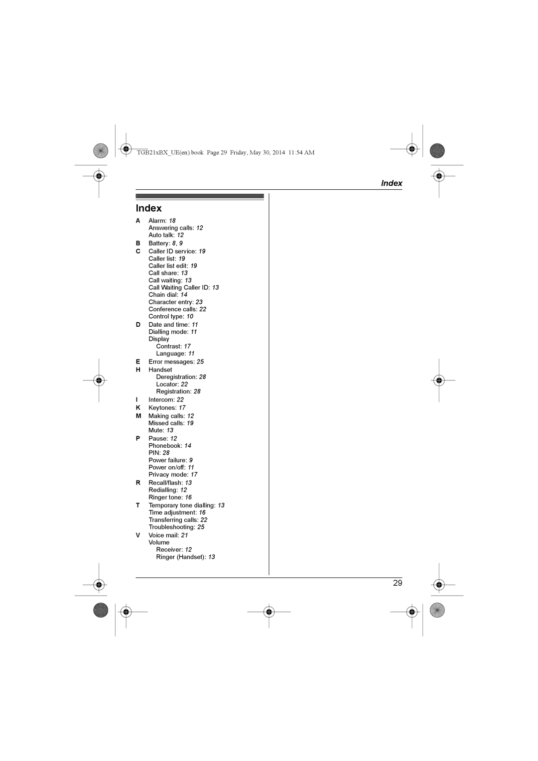 Panasonic KX-TGB213BX, KX-TGB210BX, KX-TGB213UE, KX-TGB212UE, KX-TGB210UE, KX-TGB212BX operating instructions Index 