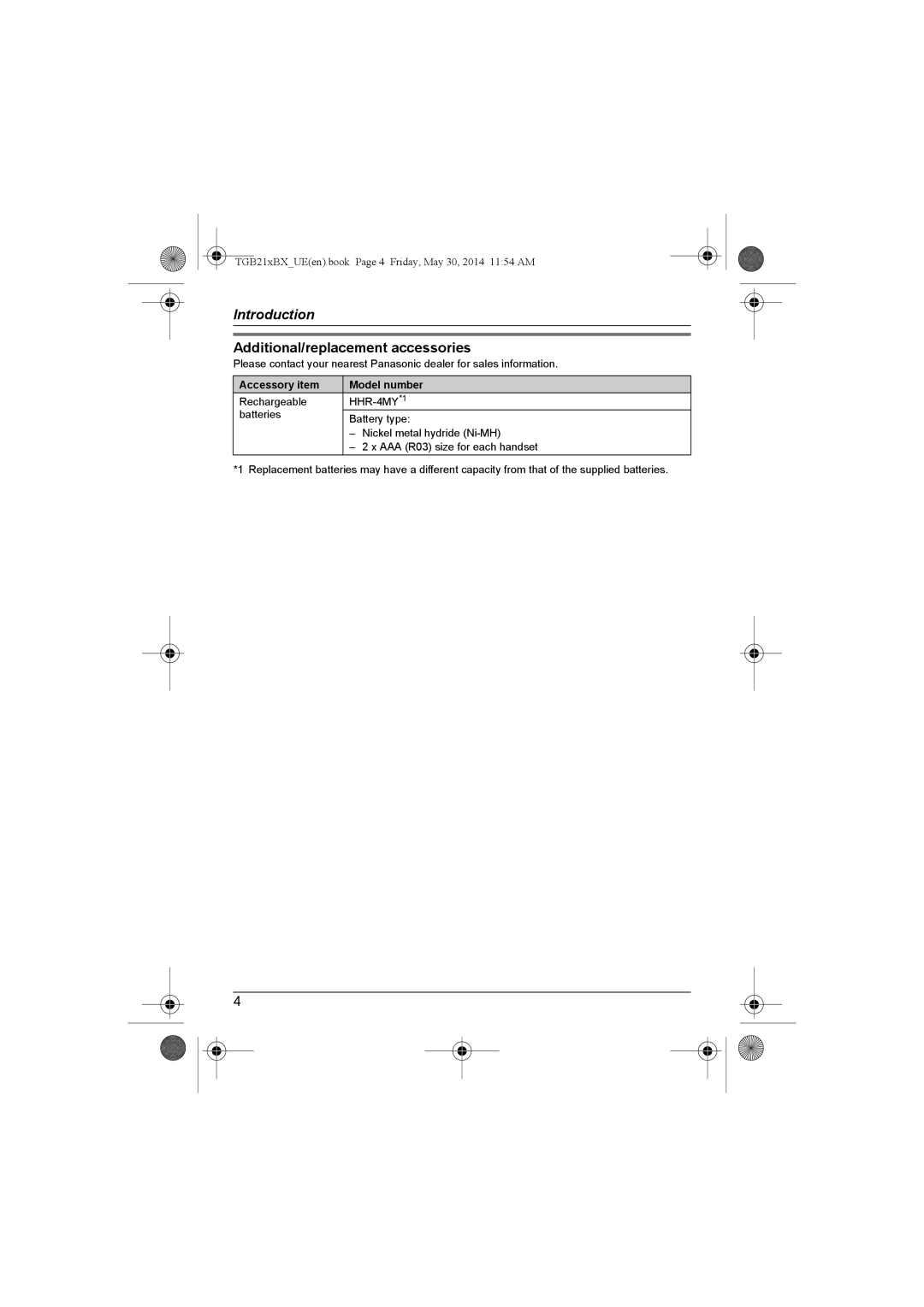 Panasonic KX-TGB212BX, KX-TGB210BX, KX-TGB213UE, KX-TGB212UE Additional/replacement accessories, Accessory item Model number 