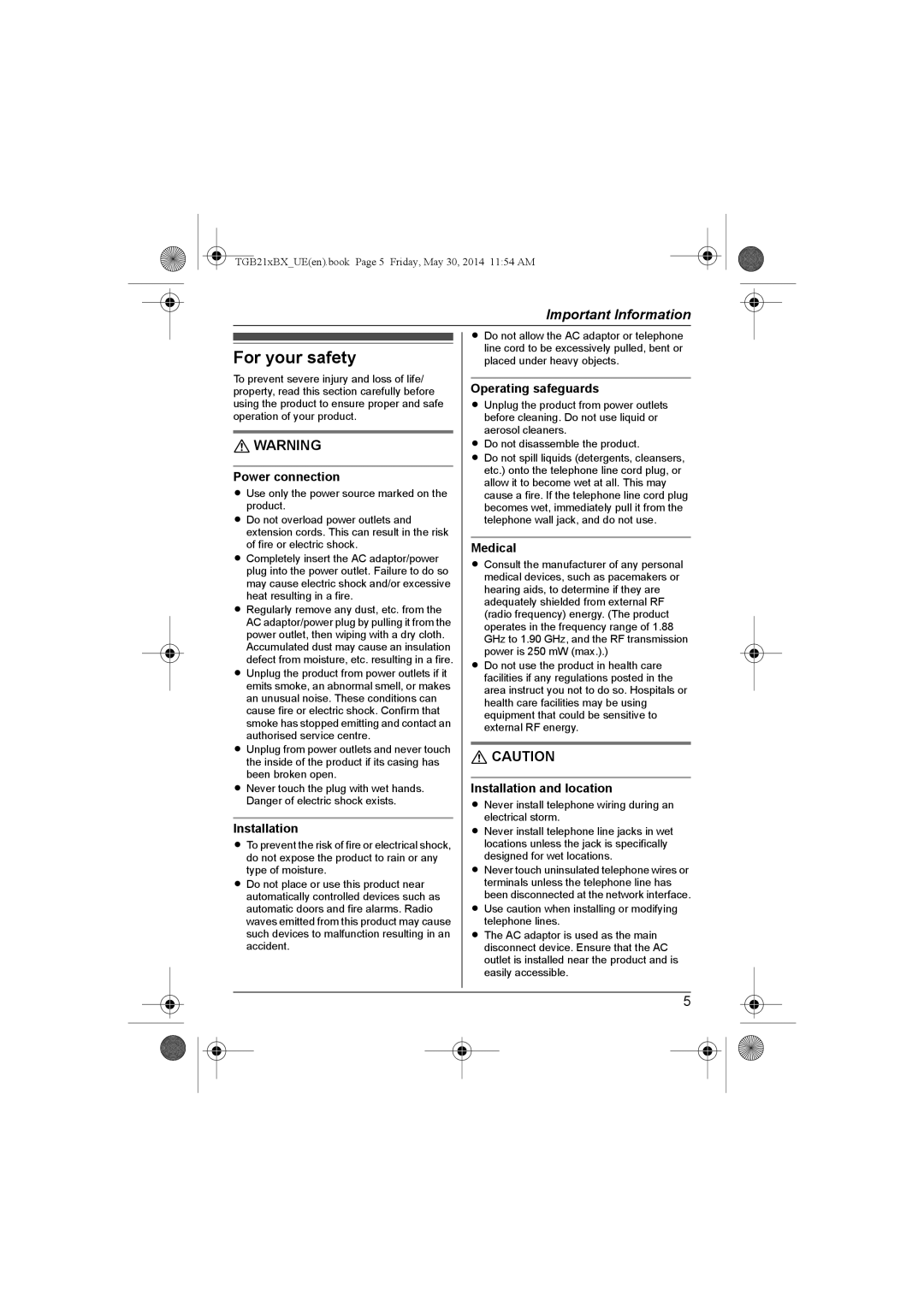 Panasonic KX-TGB213BX, KX-TGB210BX, KX-TGB213UE, KX-TGB212UE, KX-TGB210UE, KX-TGB212BX operating instructions For your safety 