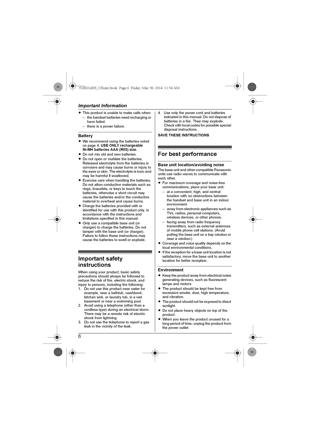 Panasonic KX-TGB210BX Important safety instructions, For best performance, Battery, Base unit location/avoiding noise 