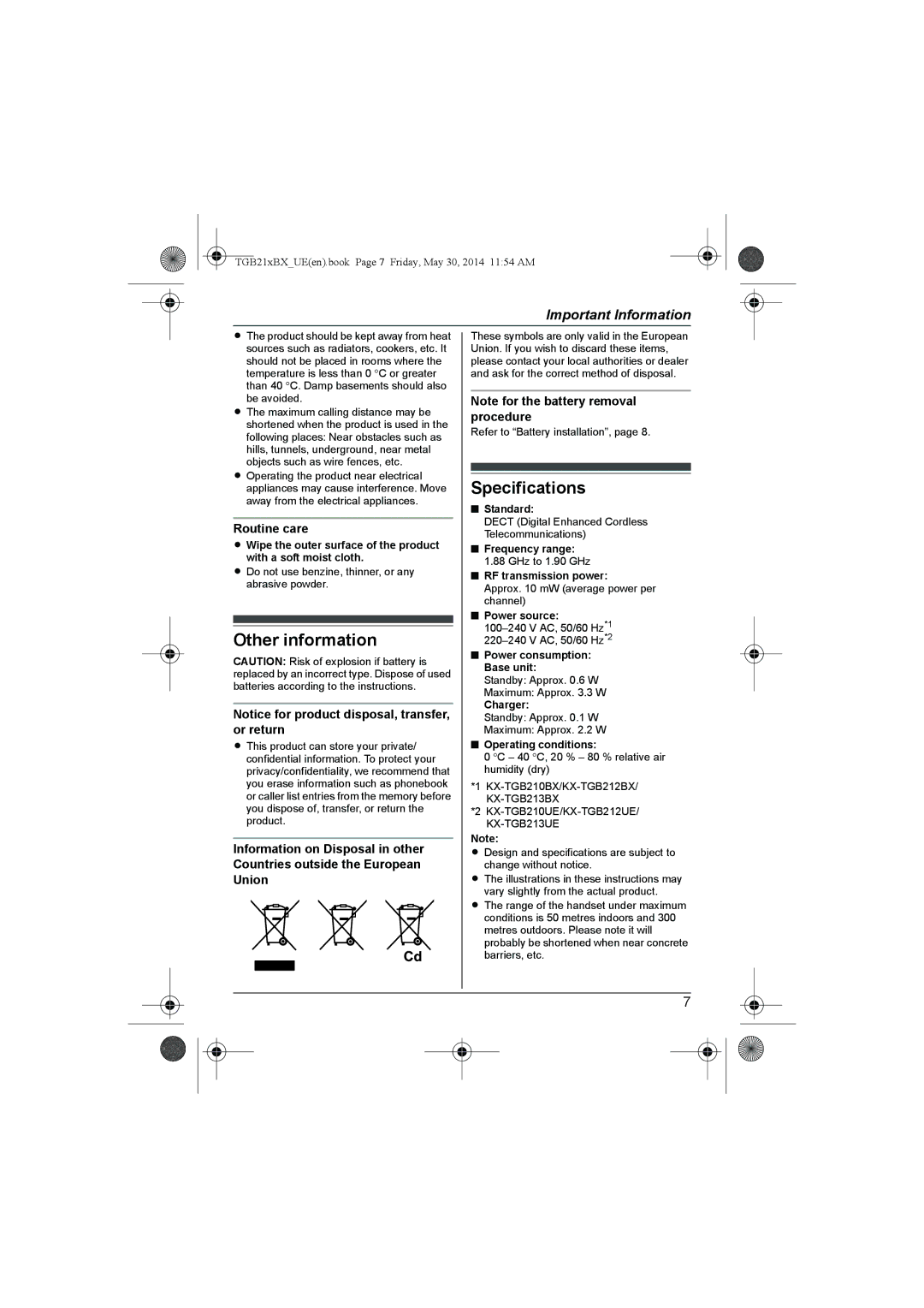 Panasonic KX-TGB213UE, KX-TGB210BX, KX-TGB212UE, KX-TGB210UE, KX-TGB212BX Other information, Specifications, Routine care 