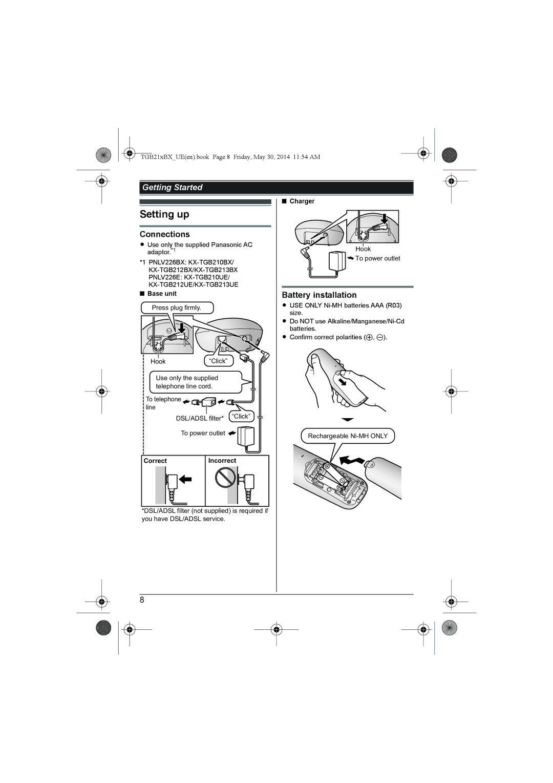 Panasonic KX-TGB212UE, KX-TGB210BX, KX-TGB213UE Setting up, Connections, Battery installation, Correct Incorrect 