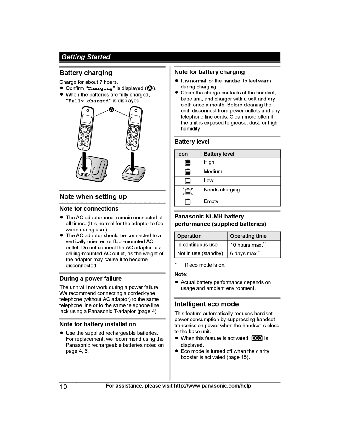 Panasonic KX-TGC213, KX-TGC212, KX-TGC210 Battery charging, Intelligent eco mode, During a power failure, Battery level 