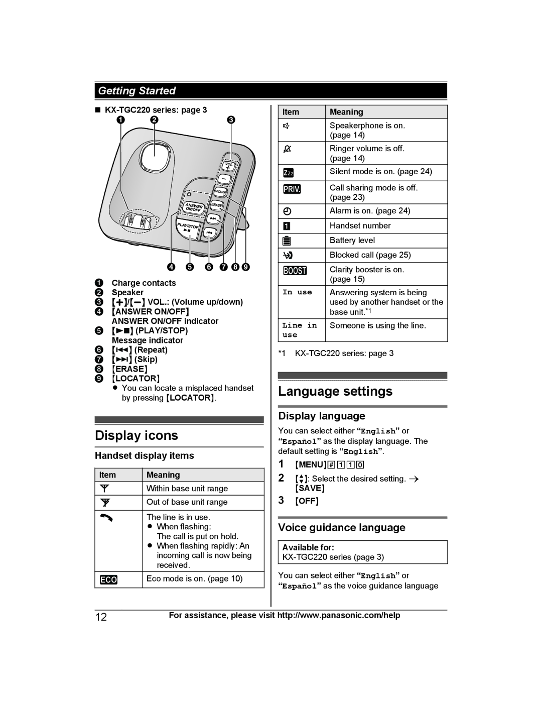 Panasonic KX-TGC210 Display icons, Language settings, Display language, Voice guidance language, Handset display items 