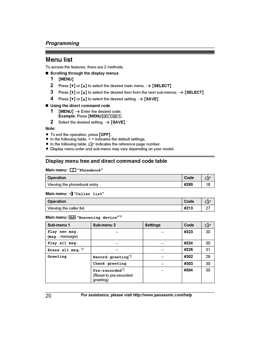 Panasonic KX-TGC213 Menu list, Display menu tree and direct command code table, Answering device*1, Play new msg 