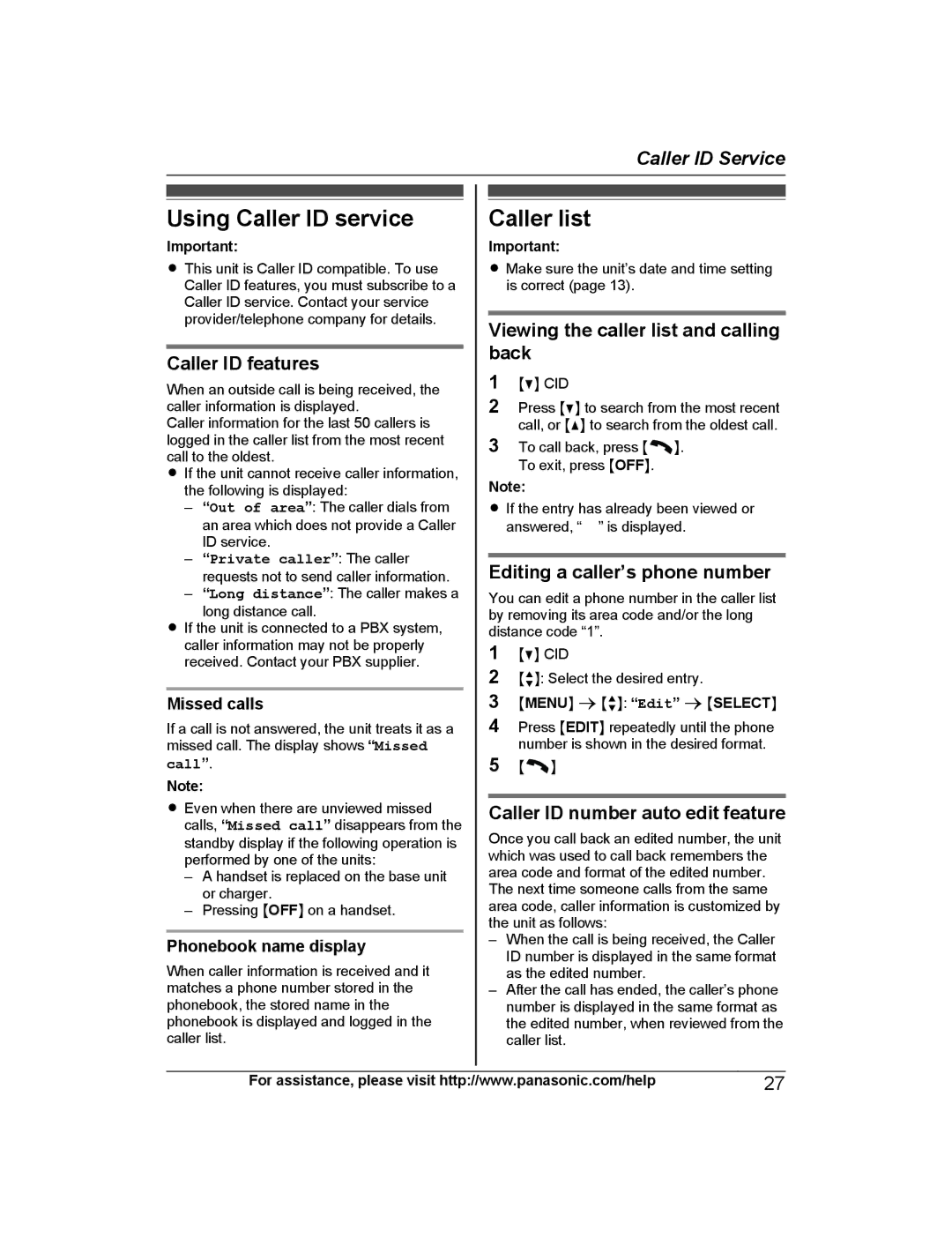 Panasonic KX-TGC210, KX-TGC213, KX-TGC212, KX-TGC222, KX-TGC220 operating instructions Using Caller ID service, Caller list 