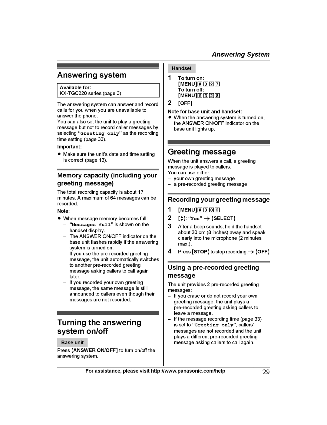 Panasonic KX-TGC220, KX-TGC213 Answering system, Greeting message, Memory capacity including your greeting message 