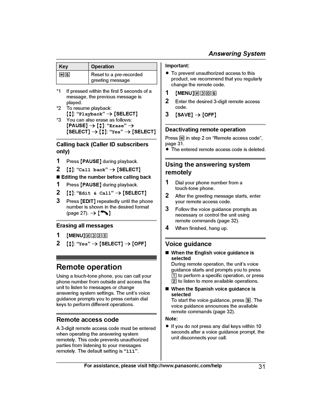 Panasonic KX-TGC212, KX-TGC213 Remote operation, Remote access code, Using the answering system remotely, Voice guidance 