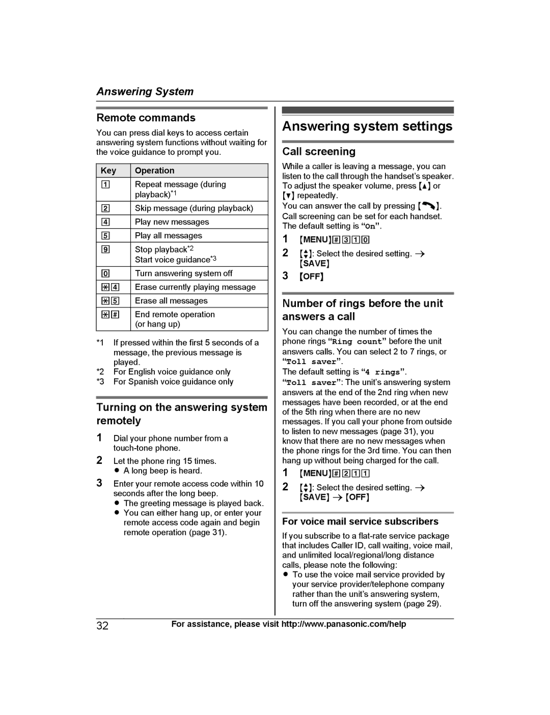 Panasonic KX-TGC210 Answering system settings, Remote commands, Turning on the answering system remotely, Call screening 