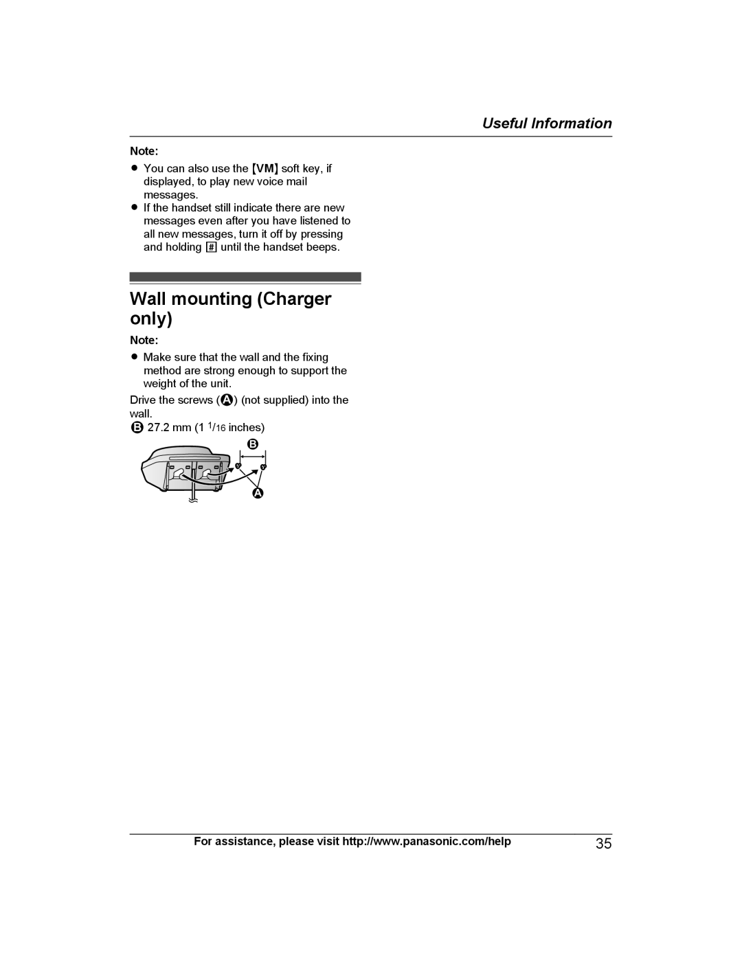 Panasonic KX-TGC213, KX-TGC212, KX-TGC210, KX-TGC222, KX-TGC220 operating instructions Wall mounting Charger only 