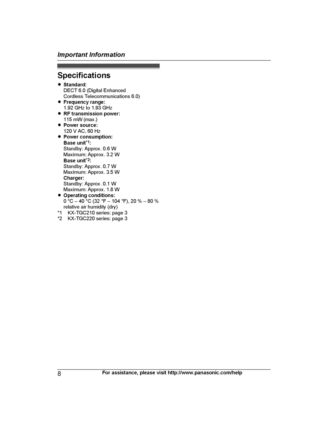 Panasonic KX-TGC222, KX-TGC213, KX-TGC212, KX-TGC210, KX-TGC220 operating instructions Specifications 