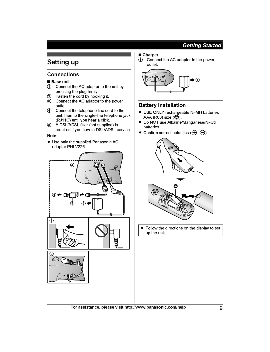 Panasonic KX-TGC220, KX-TGC213, KX-TGC212, KX-TGC210, KX-TGC222 Setting up, Connections, Battery installation 