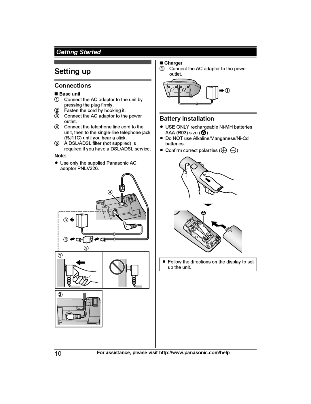 Panasonic KX-TGE244, KX-TGE245, KX-TGE243, KX-TGE242, KX-TGE232, KX-TGE210 Setting up, Connections, Battery installation 