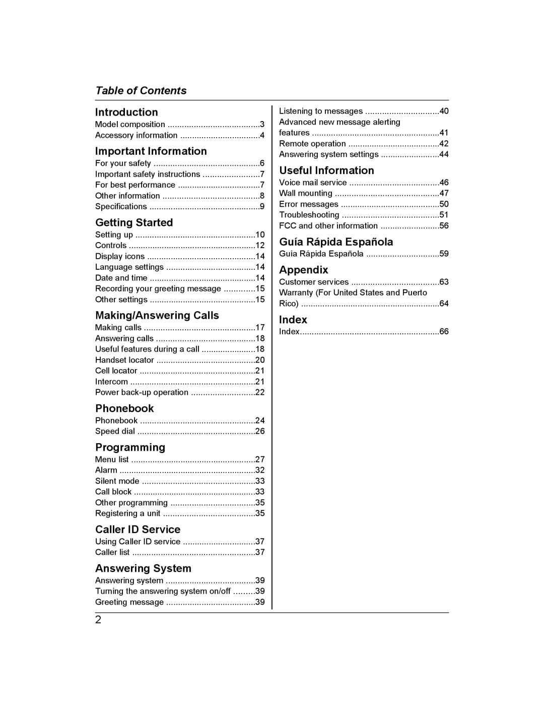 Panasonic KX-TGE243, KX-TGE245, KX-TGE244, KX-TGE242, KX-TGE232, KX-TGE210, KX-TGE240, KX-TGE234, KX-TGE233 Table of Contents 