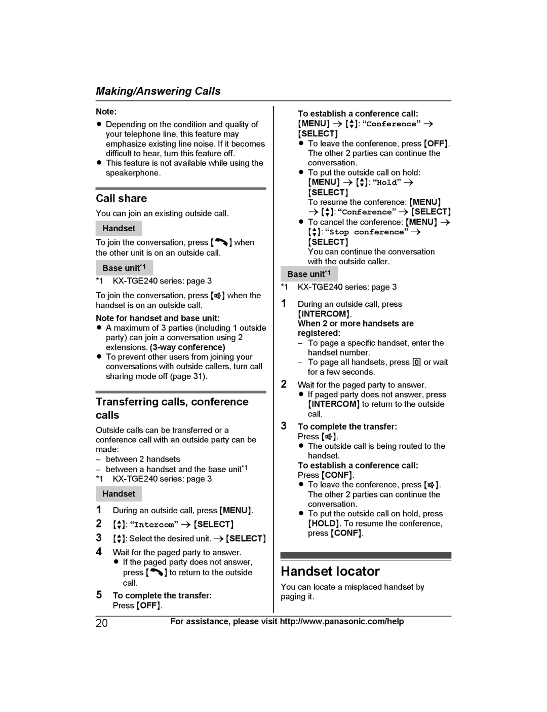 Panasonic KX-TGE243, KX-TGE245 Handset locator, Call share, Transferring calls, conference calls, MbN Stop conference a 