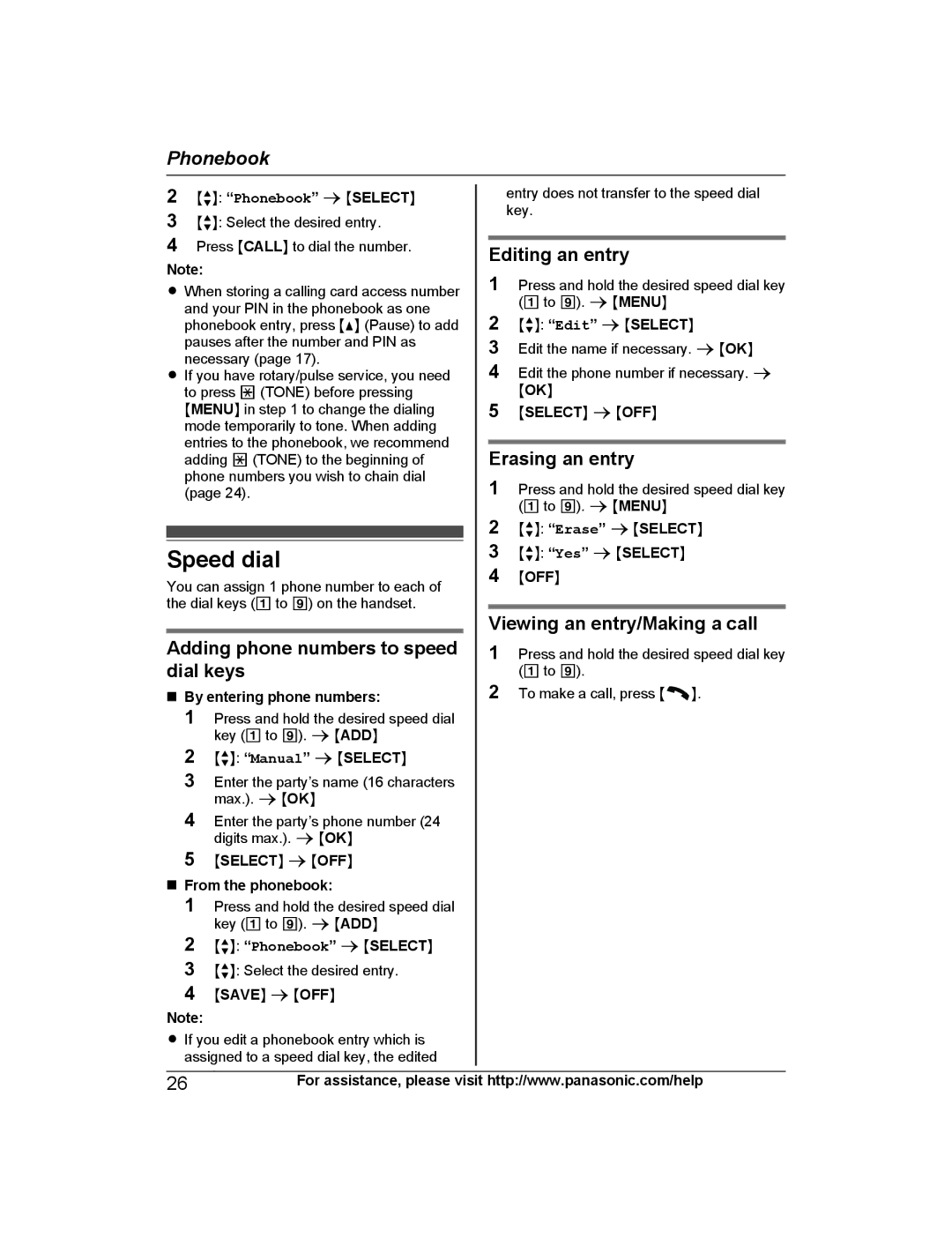 Panasonic KX-TGE233, KX-TGE245 Speed dial, Adding phone numbers to speed dial keys, Editing an entry, Erasing an entry 