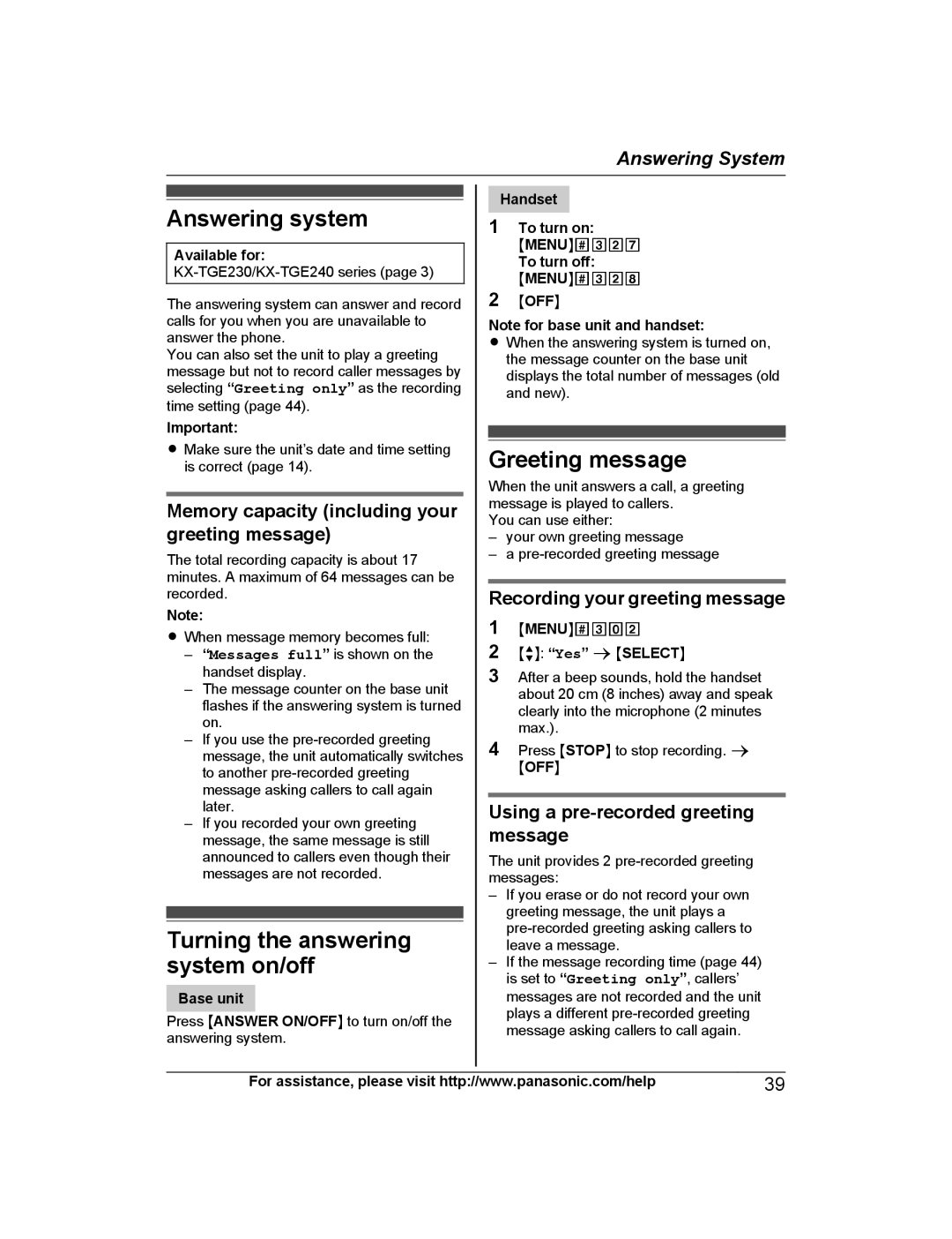 Panasonic KX-TGE242, KX-TGE245 Answering system, Greeting message, Memory capacity including your greeting message 