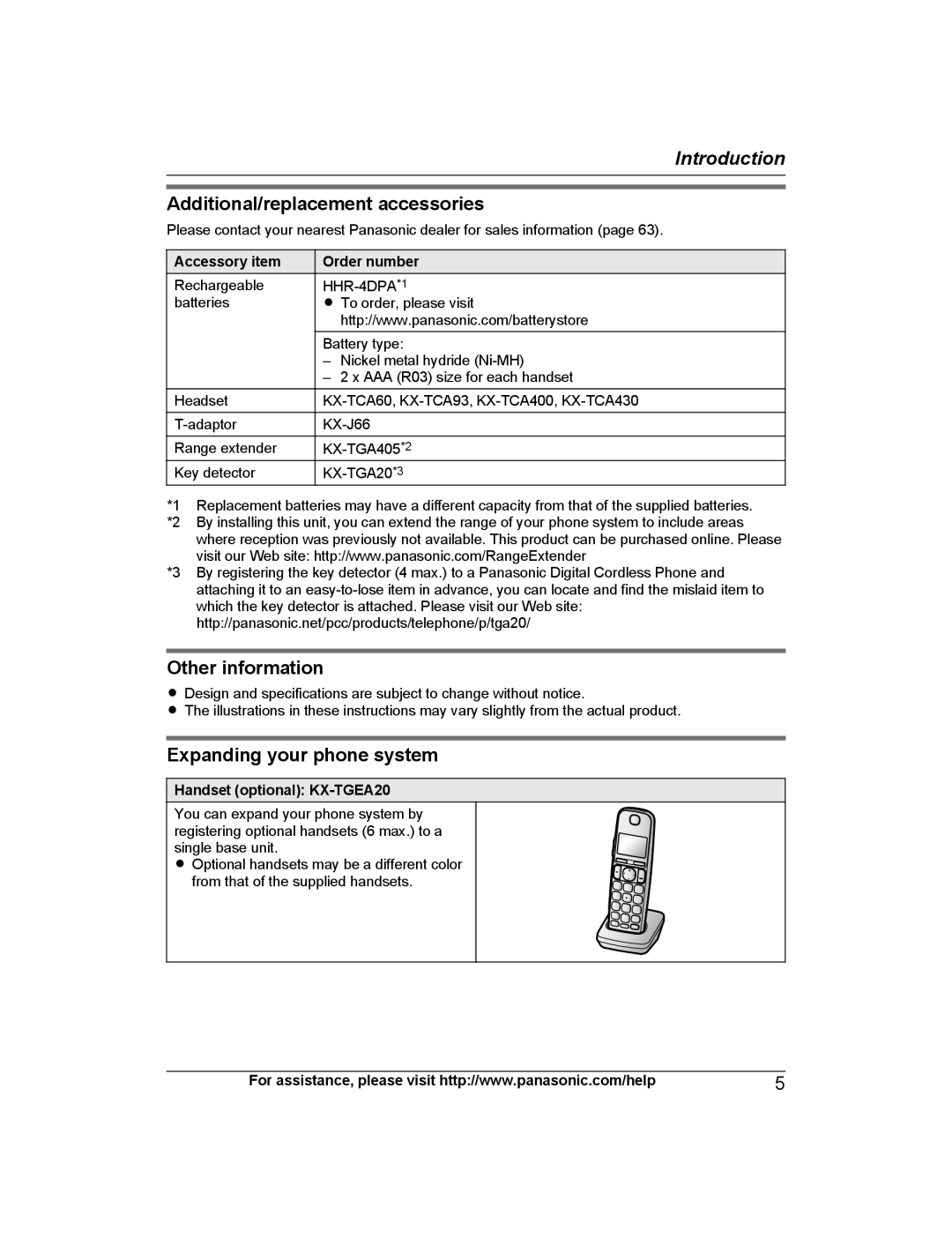 Panasonic KX-TGE210, KX-TGE245 Additional/replacement accessories, Other information, Expanding your phone system 