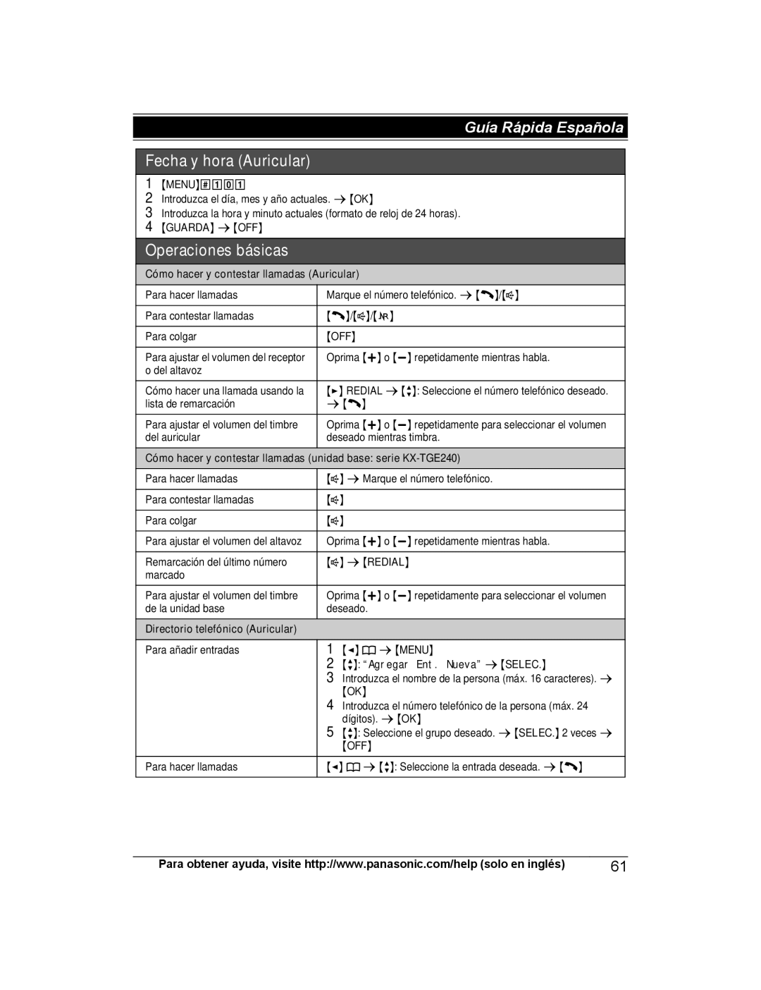 Panasonic KX-TGE234, KX-TGE245 Guarda s OFF, Cómo hacer y contestar llamadas Auricular, Agregar Ent. Nueva s Selec 