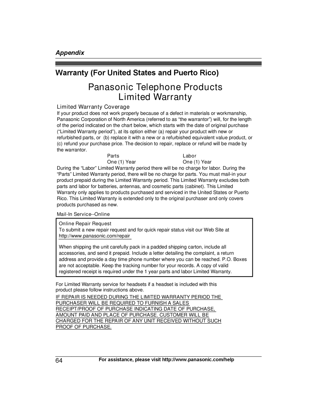 Panasonic KX-TGE244 Warranty For United States and Puerto Rico, Limited Warranty Coverage, Parts Labor One 1 Year 